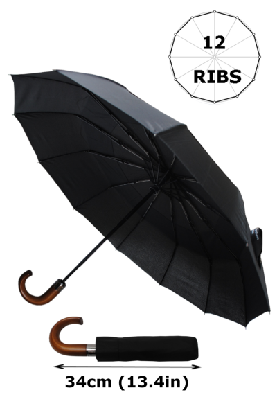 Rare 12 Rib Compact Umbrella, 4 Extra For Strength - 80kph Strong Reinforced Windproof Frame with Fiberglass - Vented Canopy - Auto Open & Close - Wooden Hook Handle - Black