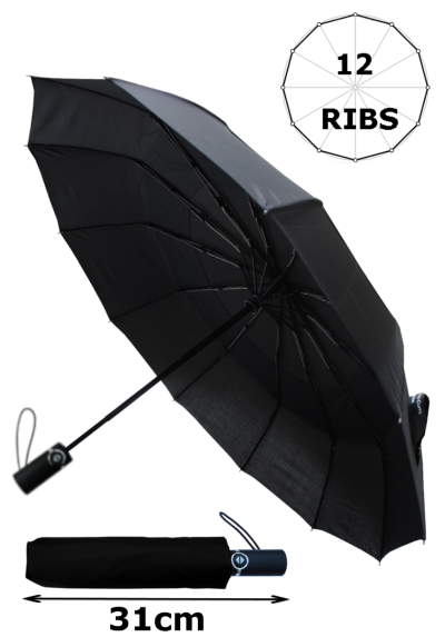 Rare 12 Rib Compact Umbrella, 4 Extra for Strength - 80kph Strong Reinforced Windproof Frame with Fiberglass - Vented Double Canopy - Small Folding Auto Open & Close - Black