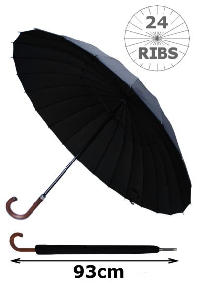 24 Ribs for Super-Strength - Windproof 60MPH Extra Strong - Triple Layer Reinforced Frame with Fiberglass - Best Umbrella For Most Ribs - Wooden Hook Handle Men's Umbrella - Black Umbrella - Automatic Large Umbrella