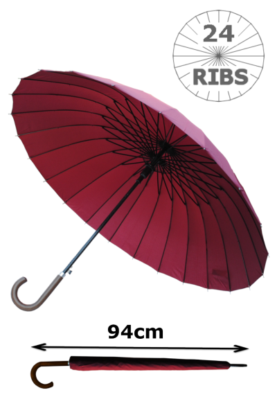 24 Ribs for Super-Strength - Windproof 60mph Extra Strong - Triple Layer Reinforced Frame with Fiberglass - Auto - Hook Handle Wood - Burgundy Red Canopy Umbrella - Automatic