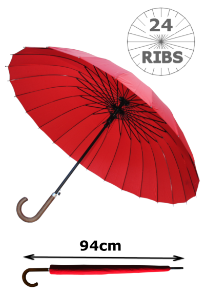 24 Ribs for Super-Strength - Windproof 60mph Extra Strong - Triple Layer Reinforced Frame with Fiberglass - Auto - Hook Handle Wood - Candy Red Canopy Umbrella - Automatic