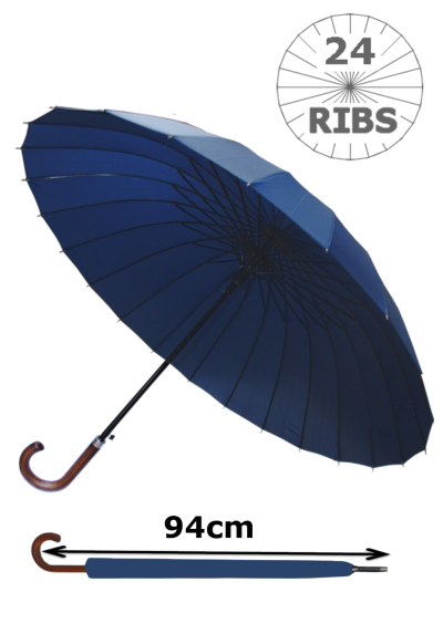24 Ribs for Super-Strength - Windproof 60mph Extra Strong - Triple Layer Reinforced Frame with Fiberglass - Auto - Hook Handle Wood - Navy Blue Canopy Umbrella - Automatic