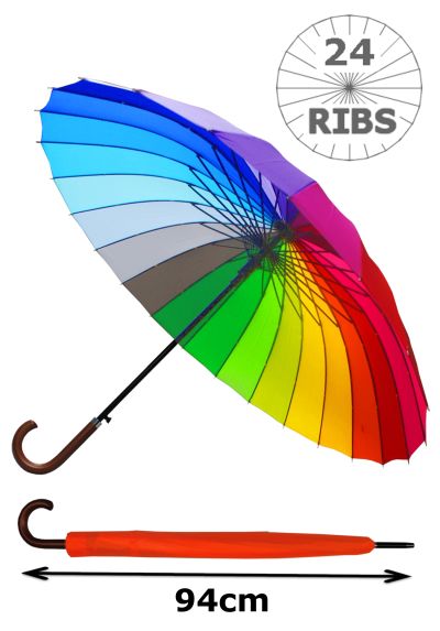 24 Ribs for Super-Strength - Windproof 60mph Extra Strong - Triple Layer Reinforced Frame with Fiberglass - Auto - Hook Handle Wood - Rainbow Canopy Umbrella