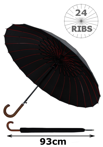 24 Ribs for Super-Strength - Windproof 60mph Extra Strong - Triple Layer Reinforced Red Ribs Frame with Fiberglass - Auto - Hook Handle Wood - Black Canopy Automatic Umbrella