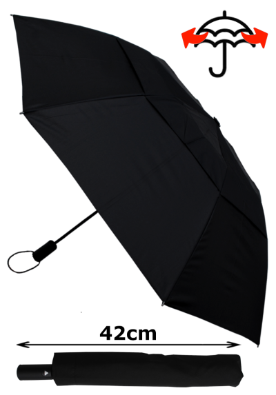 Our Strongest Folding Umbrella - 2-Fold Extra Strong Design, 42cm When Closed - StormDefender - Windproof Reinforced Triple Layer Fiberglass Frame - Vented Canopy Auto Black