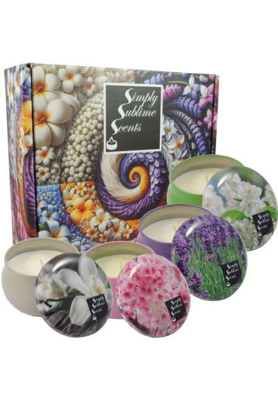 SIMPLY SUBLIME SCENTS - Luxury Scented Candle Gift Set - Soy Wax - Lavender, Vanilla, Jasmine, Cherry Blossom - 4 Tins - Exceptional Fragrance Oils - Our Clever Wax Formula Lasts Longer - Cotton Wicks