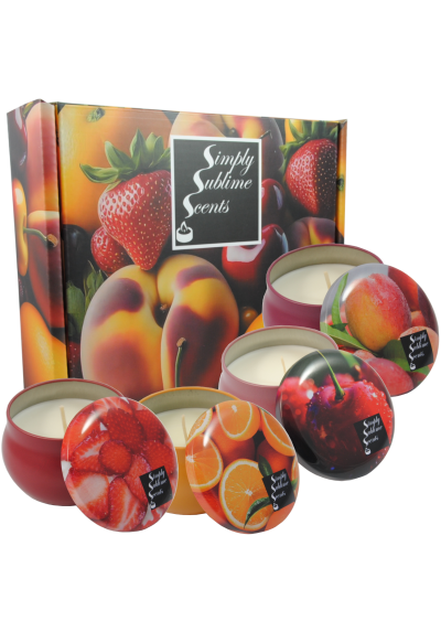SIMPLY SUBLIME SCENTS - Luxury Scented Candle Gift Set - Soy Wax - Cherry, Orange, Peach, Strawberry - 4 Tins - Exceptional Fragrance Oils - Our Clever Wax Formula Lasts Longer - Cotton Wicks