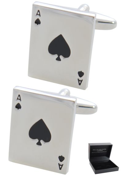 PREMIUM Cufflinks WITH PRESENTATION GIFT BOX - High Quality - Ace of Spades - Pack of Cards - Poker Magic Magician Game - Silver Colour