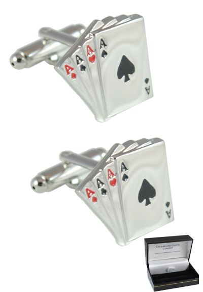 PREMIUM Cufflinks WITH PRESENTATION GIFT BOX - High Quality - Four Aces - Solid Brass - 4 Aces Pack of Cards - Poker Magic Magician Game - Silver Colour