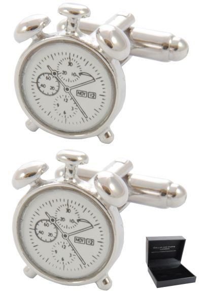 PREMIUM Cufflinks WITH PRESENTATION GIFT BOX - High Quality - Alarm Clock With White Face - Watch Time Hands - White and Silver Colours