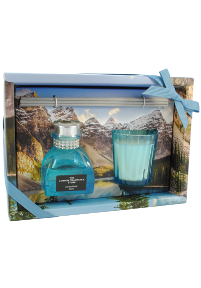 THE LONDON FRAGRANCE STORE - Mountain Reflections - Luxury Scented Candle + Reed Diffuser Set - Quality Fragrance Oil - Amber Musk - Our Clever Wax Formula Lasts Longer - Quality Cotton Candle Wick