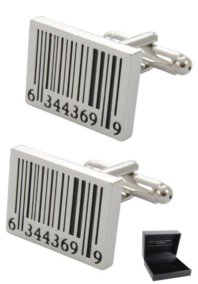 PREMIUM Cufflinks WITH PRESENTATION GIFT BOX - High Quality - Barcode - Shop Shopping Scan Oblong - Rectangle Oblong Shape - Silver and Black Colours