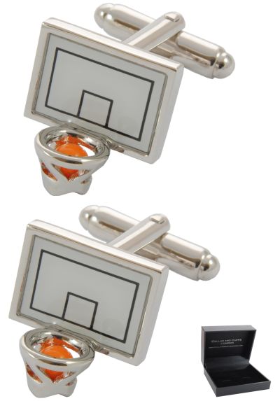 PREMIUM Cufflinks WITH PRESENTATION GIFT BOX - High Quality - Basketball - Basket Goal Net Court Match Sport Shoot Ball Hoop Goal - Silver and White Colours