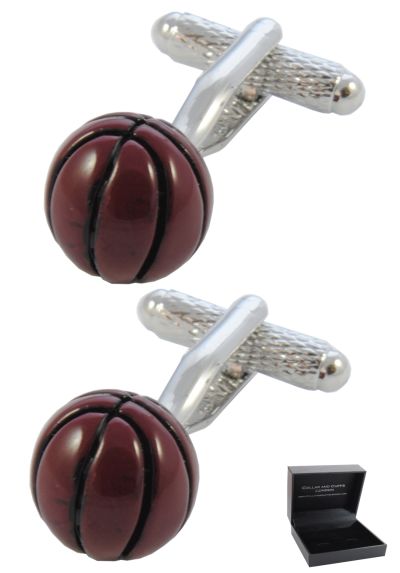 PREMIUM Cufflinks WITH PRESENTATION GIFT BOX - High Quality - Basketball Ball - Basket Goal Net Court Match Sport Shoot Hoop - Brown Colour