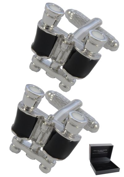 PREMIUM Cufflinks WITH PRESENTATION GIFT BOX - High Quality - Binoculars - Solid Brass - Bird Watcher Train Spotter Sailor Astronomy - Silver and Black Colour