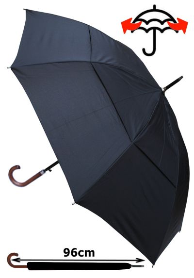 Windproof Umbrella EXTRA STRONG - StormDefender City Large Umbrella - Vented Double Canopy - HIGHLY ENGINEERED TO COMBAT INVERSION DAMAGE - Auto Open - Solid Wood Hook Handle - Black Men's Umbrella