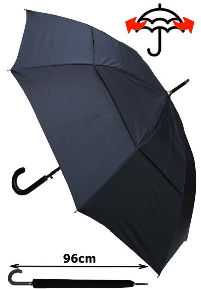 60MPH Windproof EXTRA STRONG - StormDefender City Reinforced Fiberglass Frame Umbrella - Vented Double Canopy Regulates Gusts - Auto Open - Leather Style Hook Handle - Black