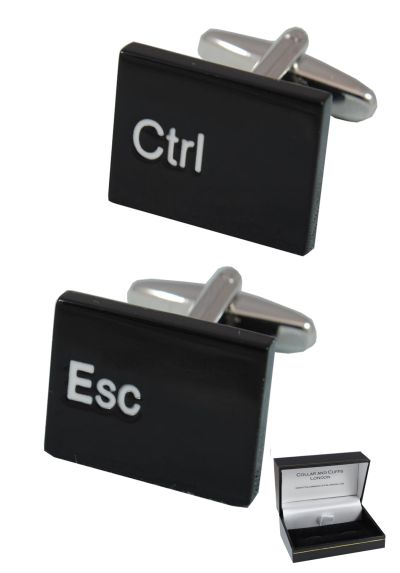 PREMIUM Cufflinks WITH PRESENTATION GIFT BOX - High Quality - Ctrl Esc Computer Keyboard - Solid Brass - IT PC Key Rectangle Oblong Modern - Black Colour