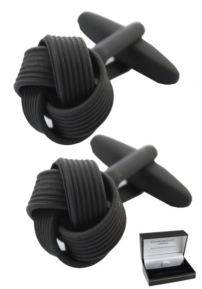 PREMIUM Cufflinks WITH PRESENTATION GIFT BOX - High Quality - Black Square Knot - Classic Round Design - Black Colour