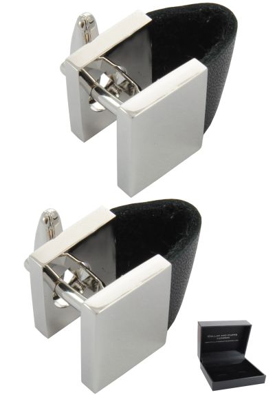 PREMIUM Cufflinks WITH PRESENTATION GIFT BOX - High Quality - Unusual Leatherette Strap and Square Wrap Around - Silver and Black Colours