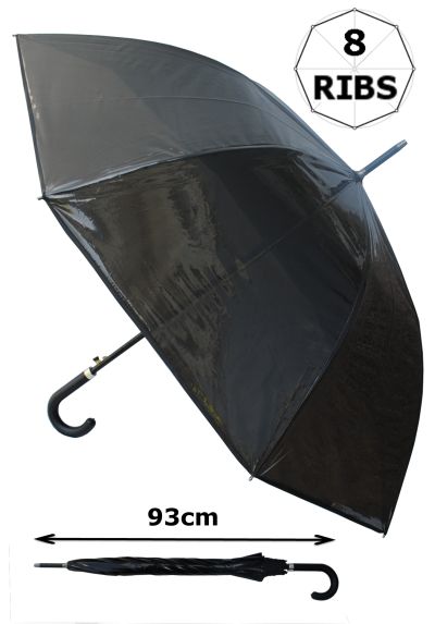Rare Transparent Umbrella with Black Tint - Windproof 60mph Extra Strong - StormDefender - 111cm Diameter Reinforced Fiberglass Frame - Auto Open - Leather Style Hook Handle