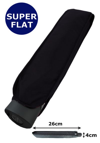 Windproof Handy 4cm Flat Umbrella - Reinforced Fiberglass Frame - Auto Open and Close - Strong Compact Small Slim Folding Waterproof Travel - Black