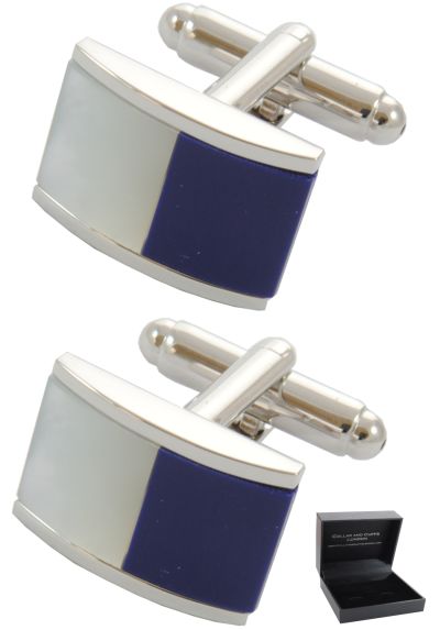 PREMIUM Cufflinks WITH PRESENTATION GIFT BOX - High Quality - Half Barrel Dual Colour Including Mother of Pearl - Classic Fashion Design - Blue and White Colours