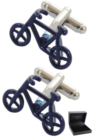 PREMIUM Cufflinks WITH PRESENTATION GIFT BOX - High Quality - Bicycle - Blue Colour - Cycling - Pedal Bike - Cycle