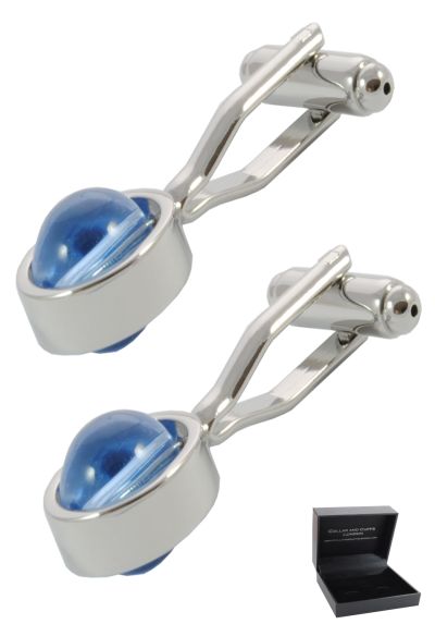 PREMIUM Cufflinks WITH PRESENTATION GIFT BOX - High Quality - Spinning Marble - Moving - Glass - Silver and Light Blue Colours