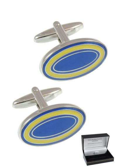 PREMIUM Cufflinks WITH PRESENTATION GIFT BOX - High Quality - Dual Colour Oval - Solid Brass - Classic Style - Blue and Yellow Colours