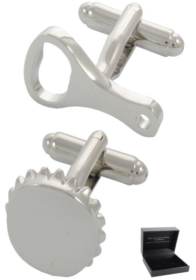 PREMIUM Cufflinks WITH PRESENTATION GIFT BOX - High Quality - Bottle Opener and Bottle Top - Beer Round - Silver Colour