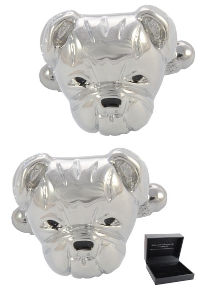 PREMIUM Cufflinks WITH PRESENTATION GIFT BOX - High Quality - Bulldog - Brass - Dog Animal British Vet Canine - Silver Colour