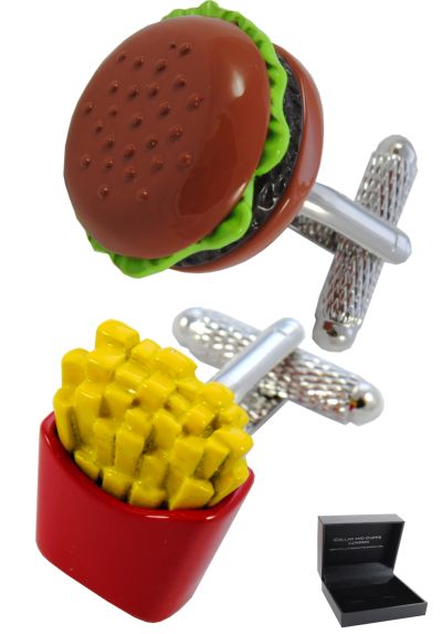 PREMIUM Cufflinks WITH PRESENTATION GIFT BOX - High Quality - Burger and Fries - Food Restaurant Chips - Brass - Brown Red and Yellow Colours