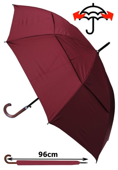 Windproof EXTRA STRONG - StormDefender City Umbrella - Vented Double Canopy - HIGHLY ENGINEERED TO COMBAT INVERSION DAMAGE - Auto Open - Solid Wood Hook Handle - Burgundy Red