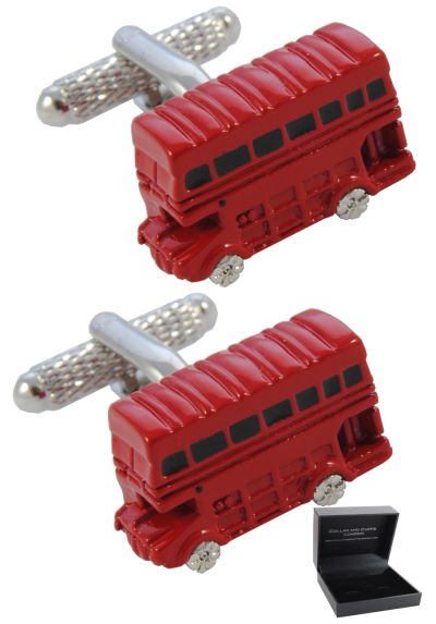 PREMIUM Cufflinks WITH PRESENTATION GIFT BOX - High Quality - London Double Decker Bus - Brass - England British Classic Transport Spotter - Red Colour
