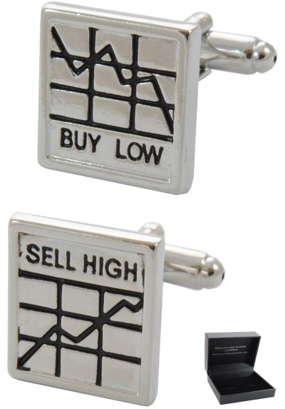 PREMIUM Cufflinks WITH PRESENTATION GIFT BOX - High Quality - Buy Low - Sell High - Stocks and Shares - Traders Square Stockbroker Banker - Silver and Black Colours