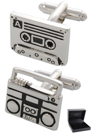 PREMIUM Cufflinks WITH PRESENTATION GIFT BOX - High Quality - Retro Cassette Tape and Player - Solid Brass - Music Deck Radio DJ Recorder - Silver and Black Colours