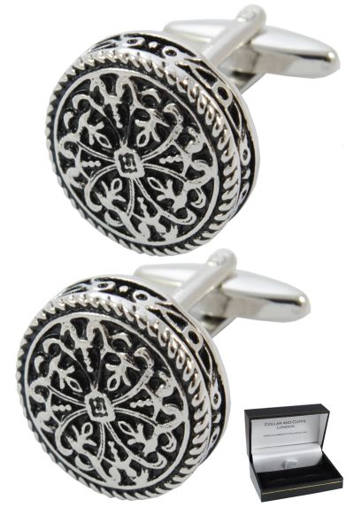 PREMIUM Cufflinks WITH PRESENTATION GIFT BOX - High Quality - Antique-Style Celtic Design - Brass - Round Cross Design - 20mm Diameter - Silver and Black Colours