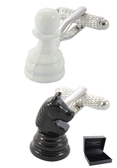 PREMIUM Cufflinks WITH PRESENTATION GIFT BOX - High Quality - Chess Piece - Solid Brass - Iconic Knight and Pawn - Board Game Hobby - Black and White Colours