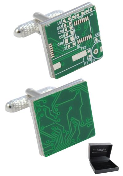 PREMIUM Cufflinks WITH PRESENTATION GIFT BOX - High Quality - Circuit Board - Brass - PC Computer IT Electric Technology - Green and Silver Colours
