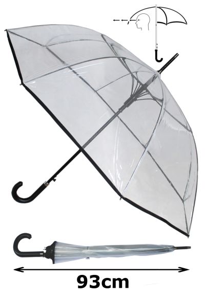 Windproof 60MPH EXTRA STRONG - StormDefender Clear Canopy Large Umbrella - 110cm Diameter - Reinforced Fiberglass Frame - Wedding Umbrellas - Leather Style Hook Handle - Automatic Clear Umbrella