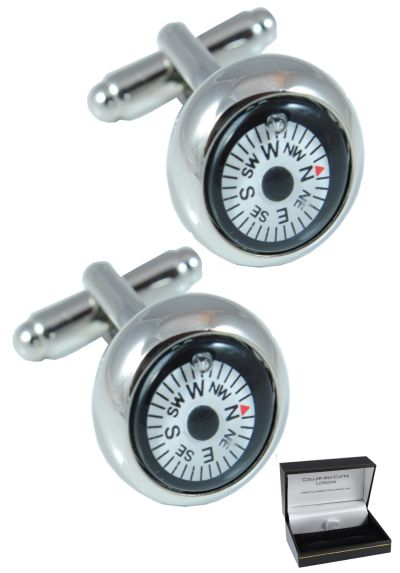 PREMIUM Cufflinks WITH PRESENTATION GIFT BOX - High Quality - Mini Magnetic Compass - Brass - White Round Face - Fully Rotating Compass - Silver Coloured Exterior