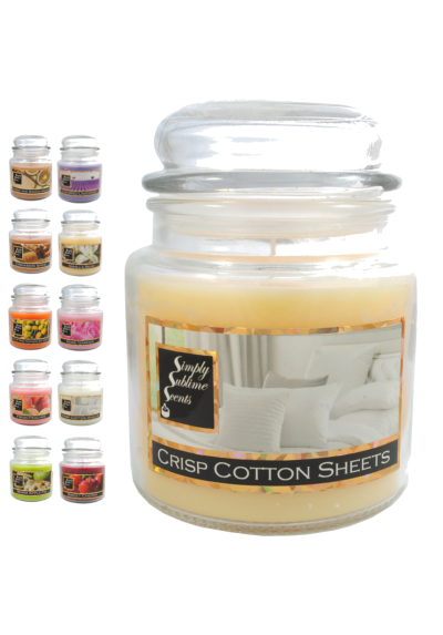 SIMPLY SUBLIME SCENTS - Luxury Scented Candle - Exceptional Fragrance Oil - Medium Glass Jar, Up to 76 Hours - Clever Wax Formula For a Long, Clean and Even Burn - Crisp Clean - Cotton Sheets - Cotton Wick