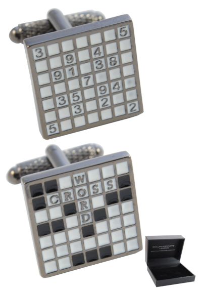 PREMIUM Cufflinks WITH PRESENTATION GIFT BOX - High Quality - Sudoku and Crossword Puzzle - Brass - Game Numbers Words Letters - Silver Black and White Colours