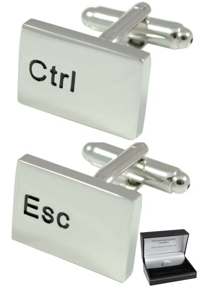 PREMIUM Novelty Cufflinks WITH PRESENTATION GIFT BOX - High Quality - Ctrl Esc Computer Keyboard - Solid Brass - Rhodium Plated - Cufflinks For Men - IT PC Key Rectangle Oblong Modern - Silver Colour