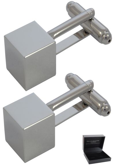 PREMIUM Cufflinks WITH PRESENTATION GIFT BOX - High Quality - Symmetrical Cuboid - Cube Smooth Square Classic Design - Silver Colour