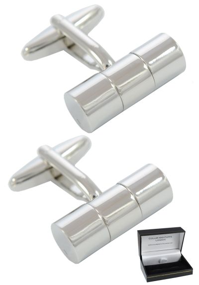 PREMIUM Cufflinks WITH PRESENTATION GIFT BOX - High Quality - Cylinder - Three Section Design - Brass - Classic Tube Design - Circular Cylindrical - Silver Colour