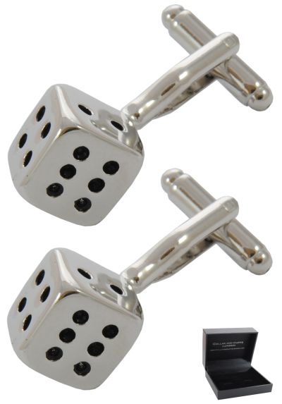 PREMIUM Cufflinks WITH PRESENTATION GIFT BOX - High Quality - Two Die - Dice Casino Games Square Cube - Silver and Black Colours