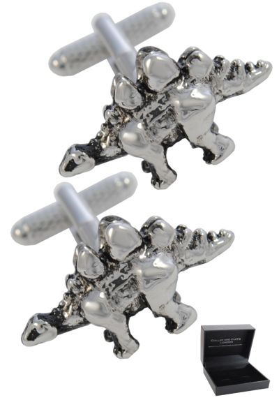 PREMIUM Cufflinks WITH PRESENTATION GIFT BOX - High Quality - Dinosaur - Brass - History Museum Prehistoric Large Animal Extinct - Silver and Black Colour
