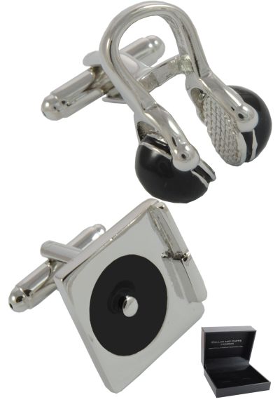 PREMIUM Cufflinks WITH PRESENTATION GIFT BOX - High Quality - DJ Record Turntable and Headphones - Solid Brass - Disc Jockey Music Player - Silver and Black Colours